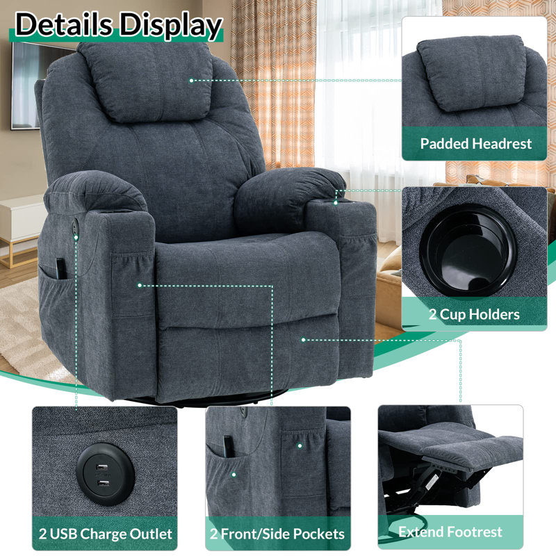 Upholstered Recliner, Gray Blue Polyester Blend