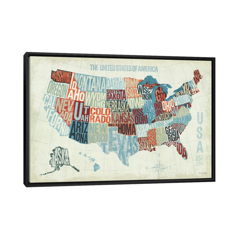 « usa modern », art textuel sur toile, H 18 po x l 26 po x P 1,5 po, Toile encadrée noire, Pas de tapis