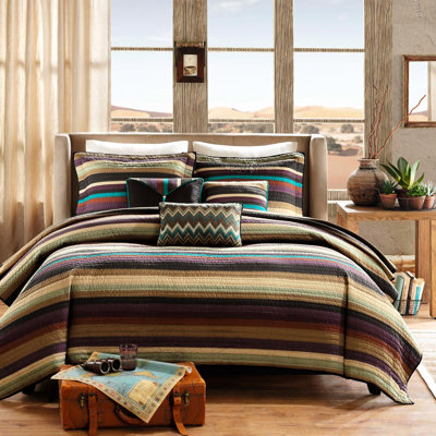 Twin/Twin Xl Reversible Quilt , Microfiber, Purple Teal Earth Tones Mesh, Stripe And Zig Zag Pillows For Decor