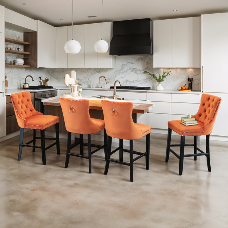 Velvet Kitchen Island Chairs Counter Height Barstools (Set of 2), Orange, Black