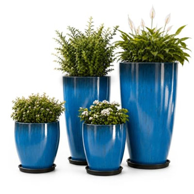 Grands pots de fleurs d'extérieur, lot de 4, 25/30/53/61 cm, bleu émaillé