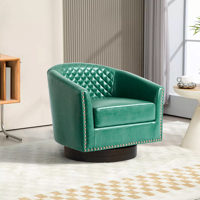 Petit fauteuil pivotant capitonné en similicuir vert avec garniture cloutée, Vert