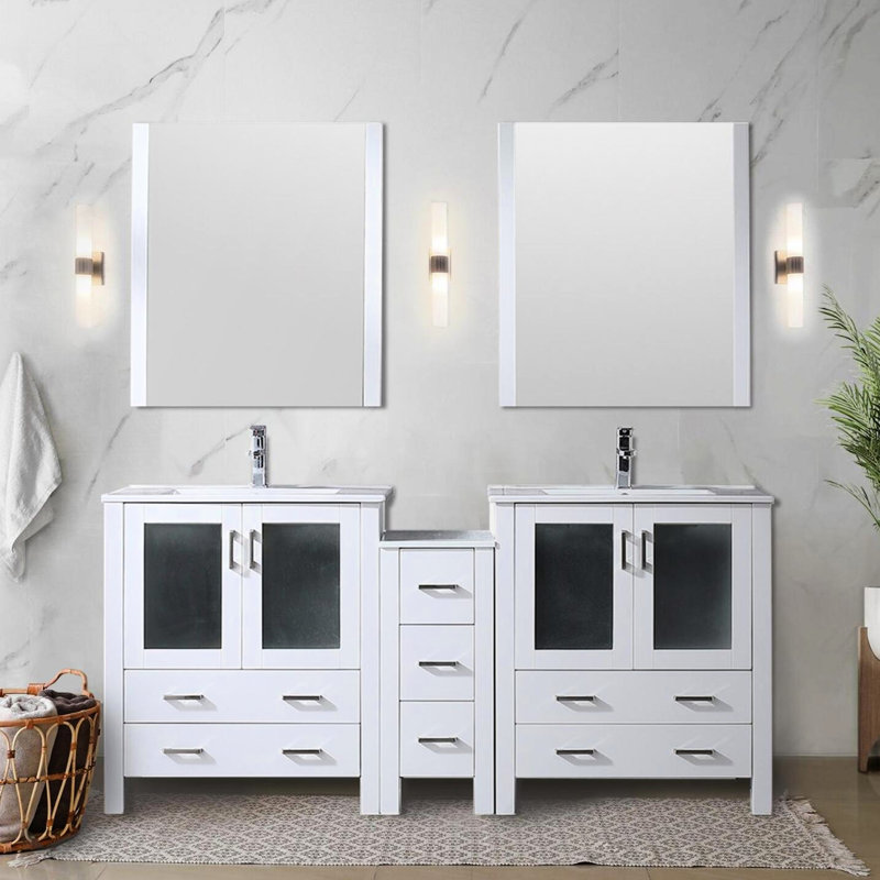 Meuble-lavabo double blanc 72 po L avec armoires latérales, robinet, comptoir en céramique teinté et 28 miroirs x P 18,25 avec égratignure