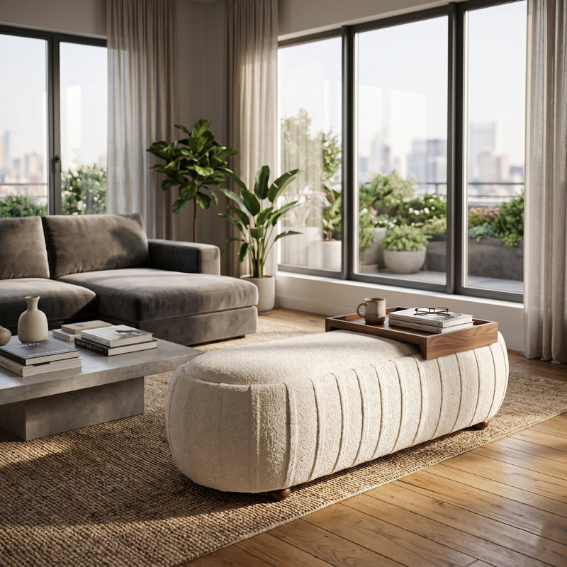 Repose-pieds ovale rembourré Boucle, Beige