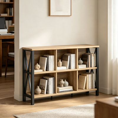 Horizontal Bookshelf With 6 Cubes, Modern Low Storage Organizer Bookcase For Living Room, Home Office, Entryway