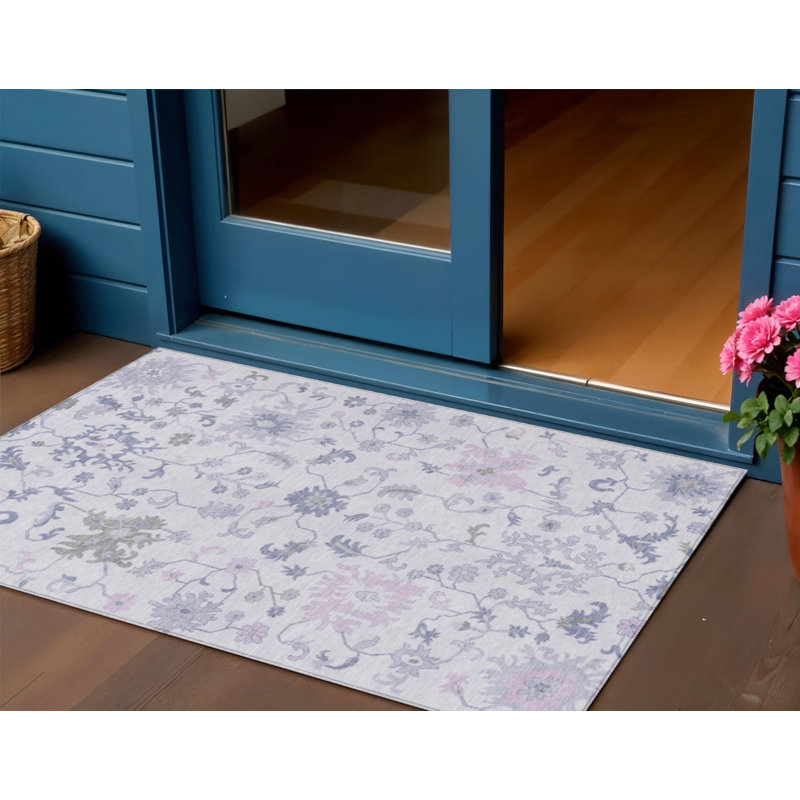 3' X 5' Lavender Mauve And Gray Floral Washable Indoor Outdoor Area Rug