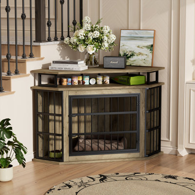 51.15" Corner Dog Crate - Dual-Lock Security & 2-Tier Storage Fits Perfectly with Farmhouse, Industrial & Modern Rustic Styles