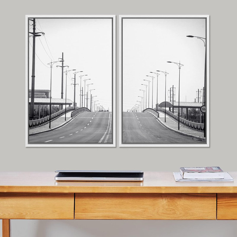 Noir et blanc Métropole américaine Route Photographie de villes Architecture moderne Boho urbain 2 pièces, Blanc