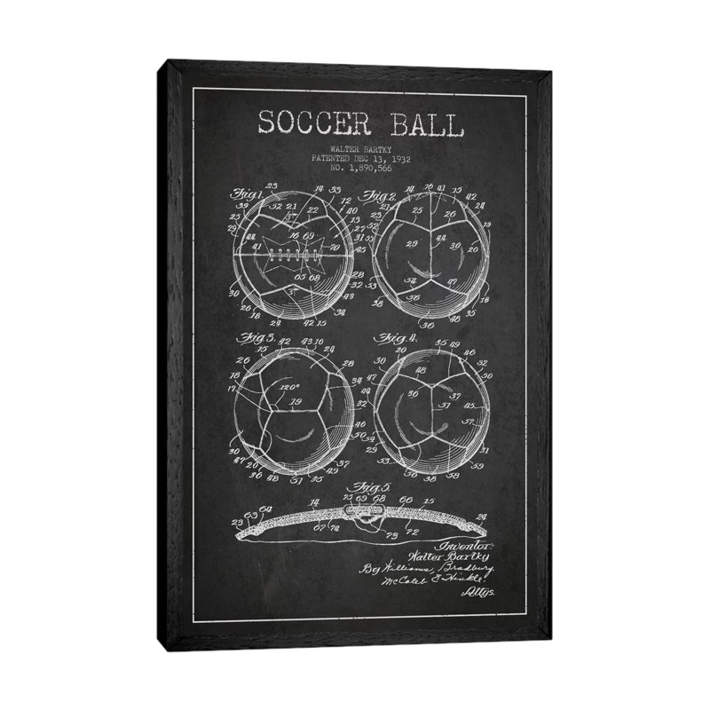 Bartky Soccer Ball Charcoal Patent Blueprint by Aged Pixel - Floater Frame Print on Canvas, Black Framed