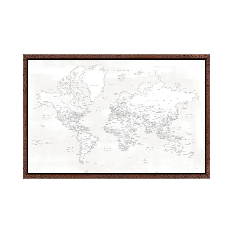 Detailed World Map Maeli White 1 Piece Wall Art on Canvas, 101.6 cm H x 66.04 cm W, Classic Wood Framed