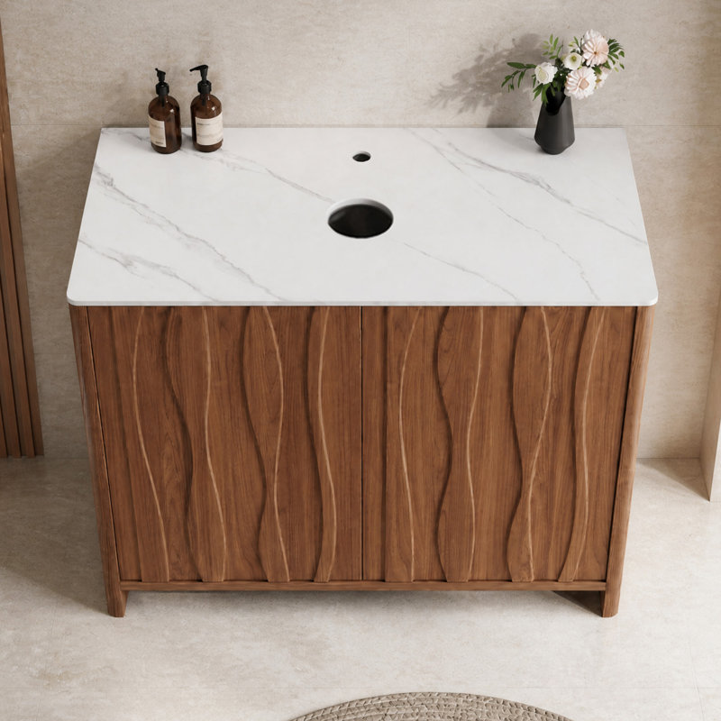 Meuble-lavabo autoportant 35,8 po avec plateau en pierre frittée Snow-Mountain lustrée, portes texturées ondulées biologiques, lavabo non inclus