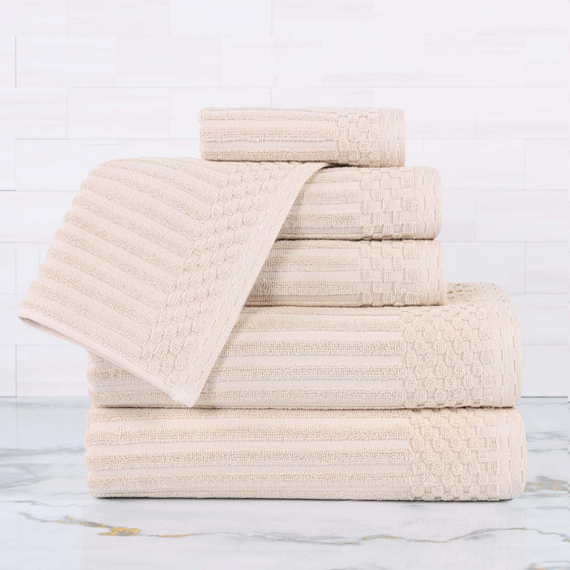 Ensemble de serviettes en coton très absorbant de six articles avec bordure unie et carreauté Ruvins, Ivoire