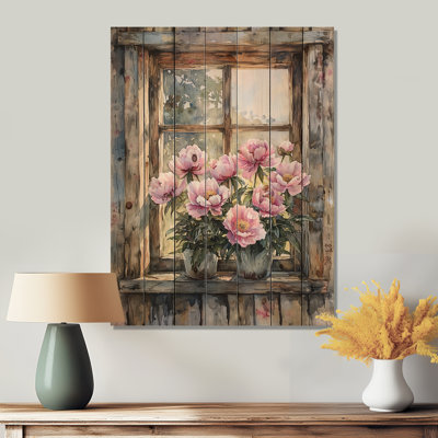 Pivoines par la fenêtre de la ferme II - décoration murale en bois de pivoines - sur bois de pin naturel