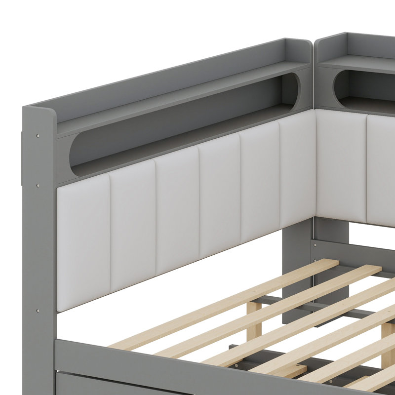 Multifunctional  Daybed Featuring Shelves, Trundle, and Desk, Gray