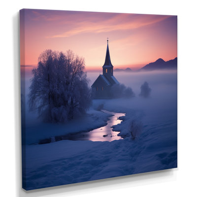 «Little Church In Misty Snow Landscape Sunset I - Church», art mural