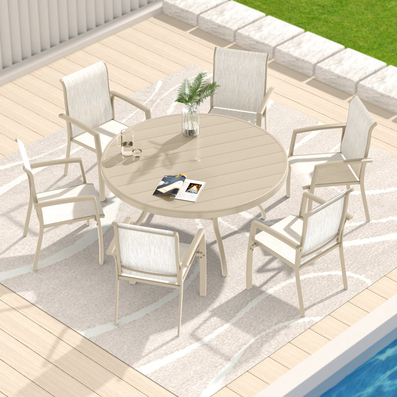 Round All - Weather Outdoor Patio Dining Table For 6 7, Metal With Adjustable Umbrella Hole, Powder Coating Rust Resistance, Bent Leg Design Stability And Style, Hand Polished Look Colored Coated