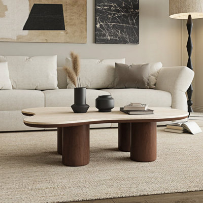 48“ Modern Wood Coffee Table, Beige Sintered Stone Top, Solid Wood Legs