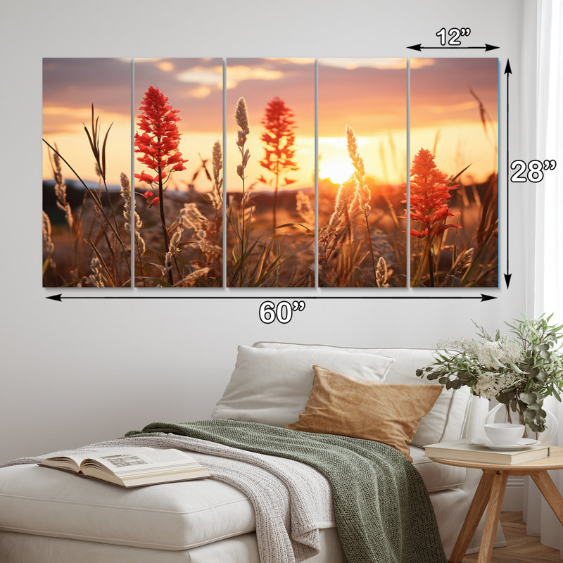 Champ de fleurs sauvages avec coucher de soleil - décoration murale florale - 5 panneaux égaux