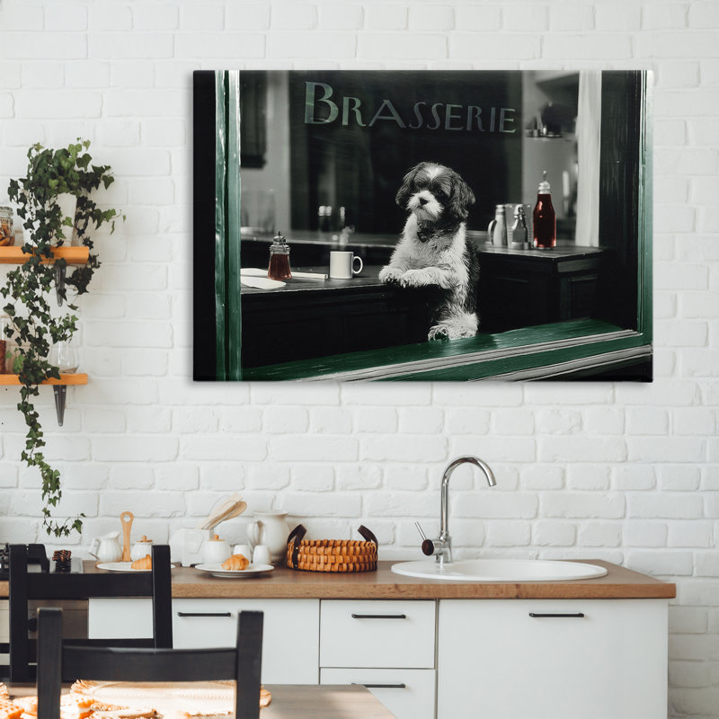 Brasserie, chien rétro dans une toile de fenêtre, design par Annabelle Hall, H 24 po x l 36 po