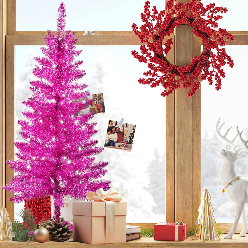 Arbre de Noël artificiel mince rose pré-éclairé, Pink