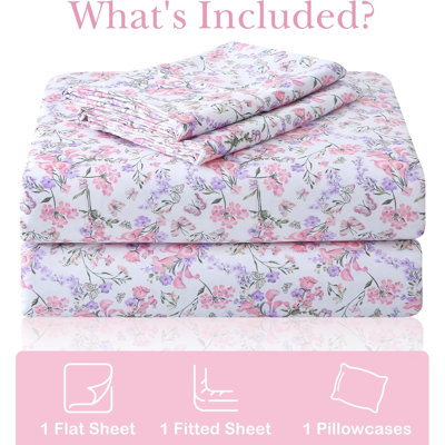 Ensemble de draps à fleurs roses Viviland pour lit King Size - 4 pièces en microfibre à motifs floraux, avec poches profondes de 38 cm, comprenant un joli ensemble de draps et taies d'oreiller à motifs floraux roses printaniers.