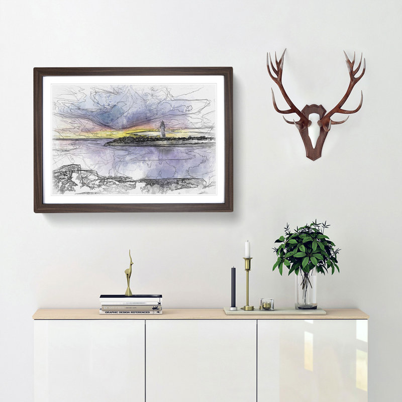 Remote Lighthouse & Seascape Sketch - Picture Frame Graphic Art Print, Walnut Framed, 36cm H x 48cm W x 2cm D
