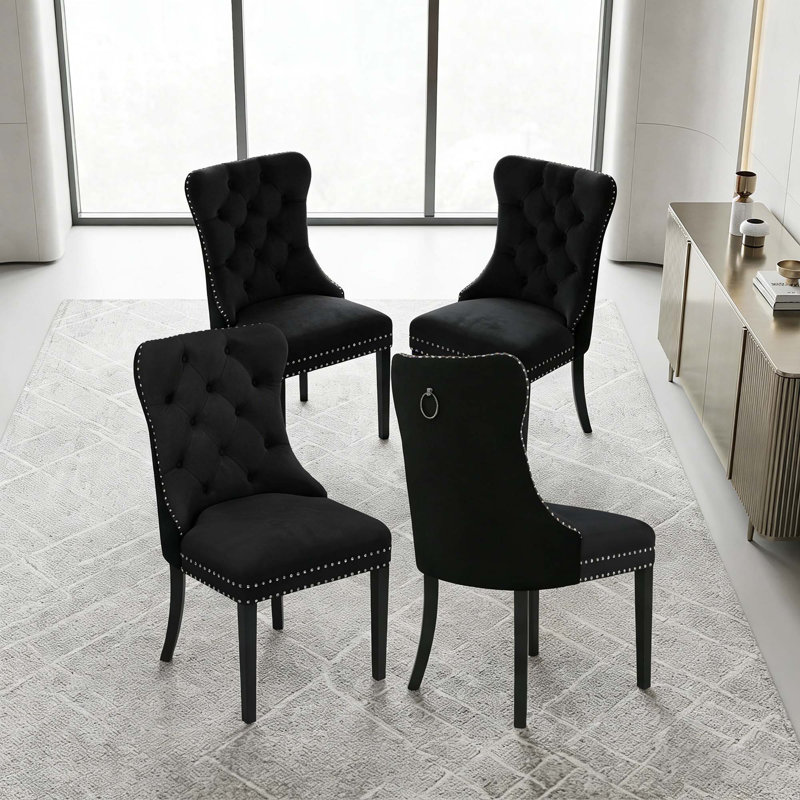 Ensemble de chaises de salle à manger en velours 4 pièces, avec anneau de traction et garniture cloutée, pour la cuisine et la salle à manger, noir