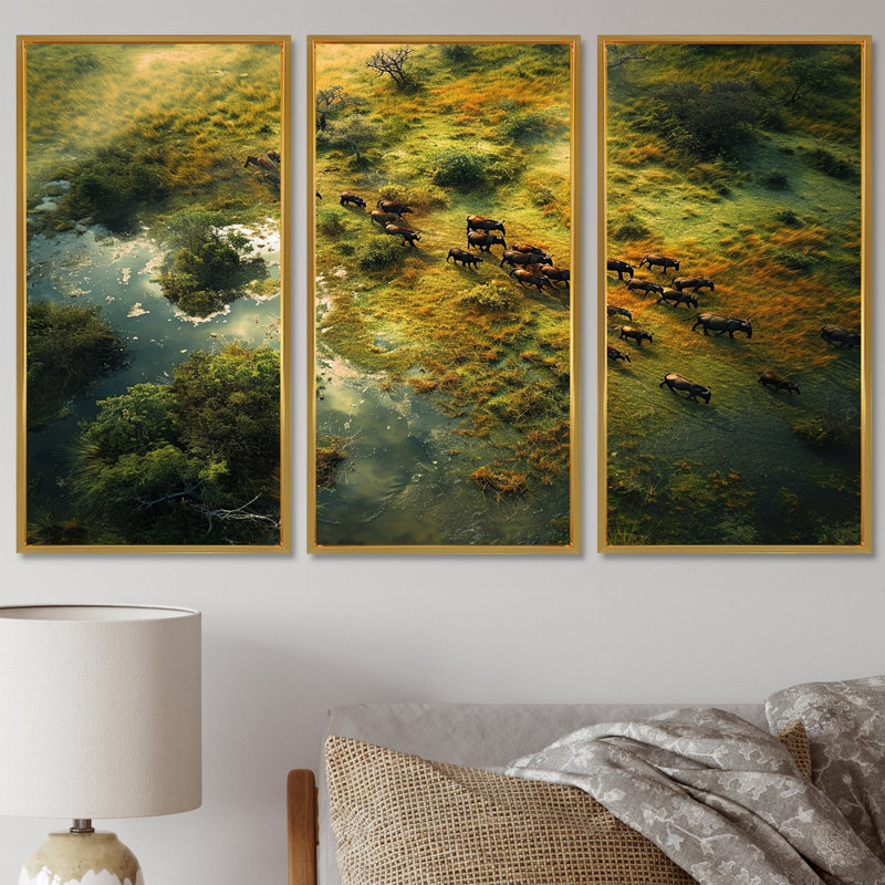Castanon - ensemble d'art mural paysage africain, Cadre flottant doré, H 28 po x l 36 po x P 1 po