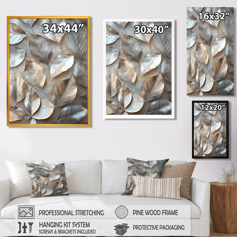 «Copper Copper Pewter Leaves II - Leaves», reproduction sur toile encadrée, Argent argent, Reproduction avec cadre flottant
