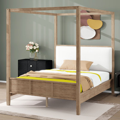 Canopy Bed With Upholstery Headboard, Wood Platform Bed With 4 Posters