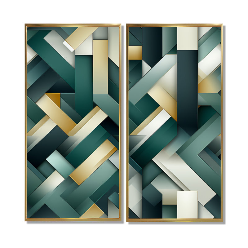 Motif géométrique vert et doré - 2 reproductions d'art moderne sur toile, 20" H x 24" W, Impression encadrée flottante, Gold
