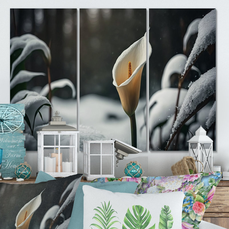 «A Blooming White Calla Lily Flower Winter II», ensemble de 3 reproductions sur toiles, H 32 po x l 48 po x P 1 po