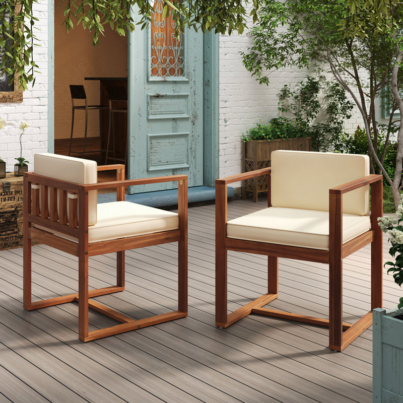 Acacia Wood Outdoor Chairs, Beige Cushion/Brown Frame