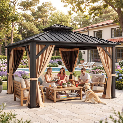 Pavillon de jardin d'extérieur en métal à toit rigide avec rideau d'intimité et moustiquaire