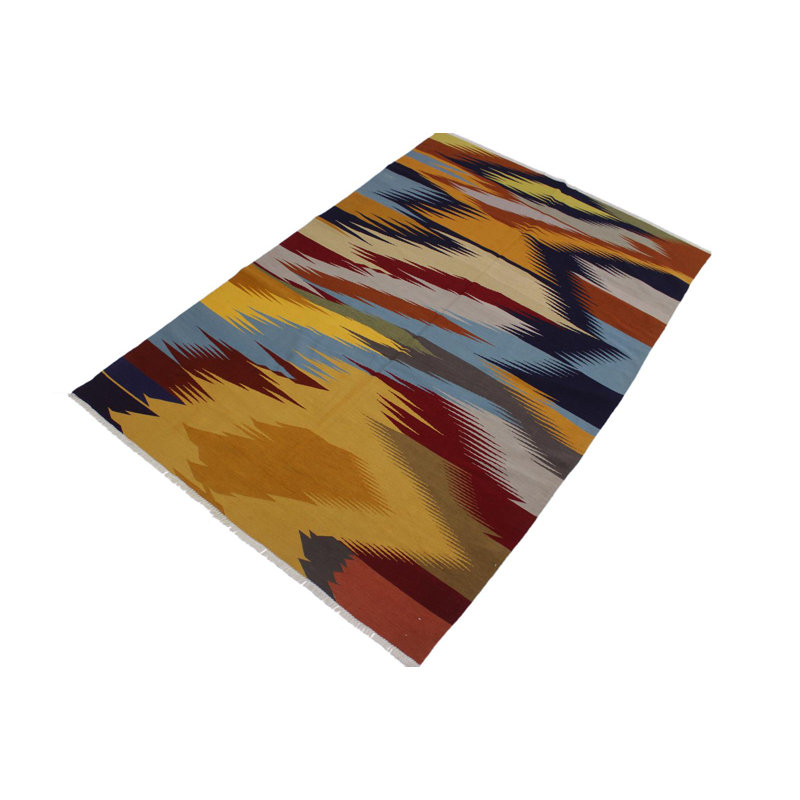 Tapis jaune / bleu / brun en laine à motif abstrait fait à la main 6 pi x 9 pi Madee