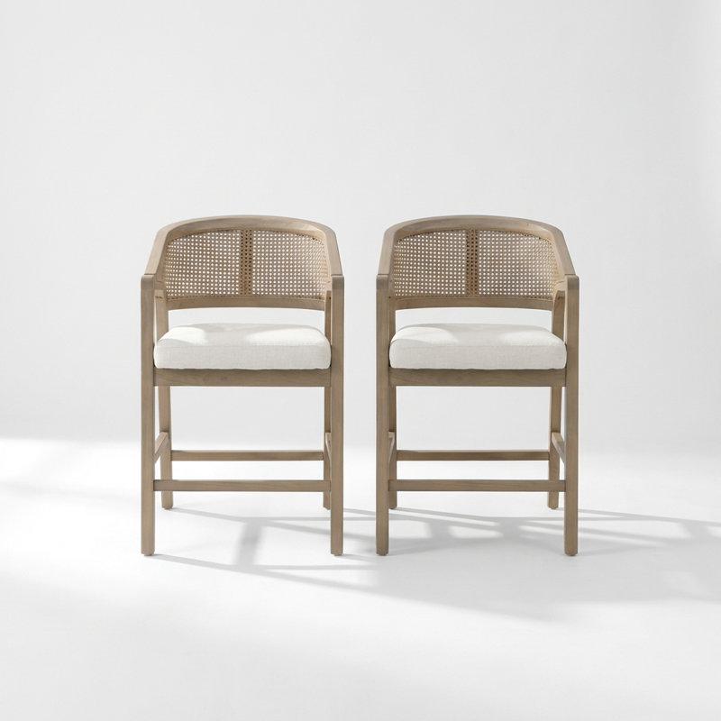 Ensemble de 2 tabourets de comptoir à structure en bois avec dossier en rotin tissé