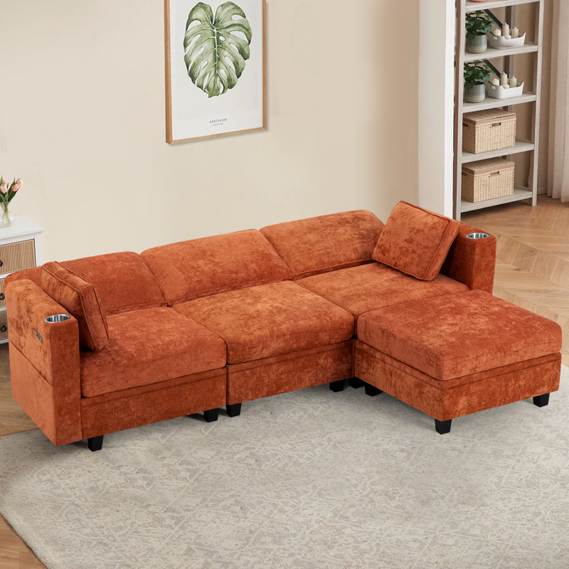 86" Chenille Modular Sofa with USB & Storage, L-Shape