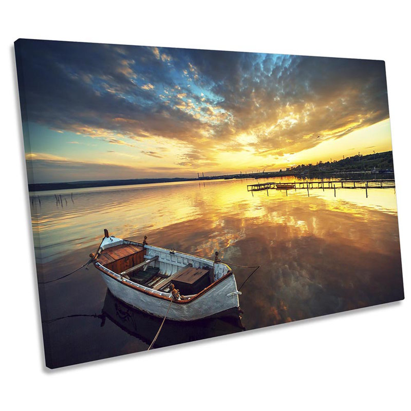 Sunset Lake Boat Landscape - Wrapped Canvas Print, 30.5cm H x 45.7cm W x 2cm D