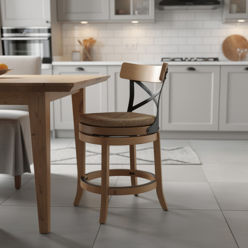 Mia Swivel Counter Chair, Black Metal Cross Back, Blonde Oak Brown