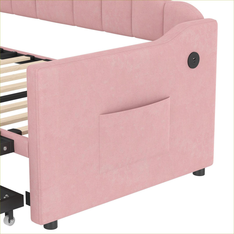 Lit de jour courbé à plateforme courbée, lit simple de taille compacte avec couchette escamotable réglable, velours rose doux