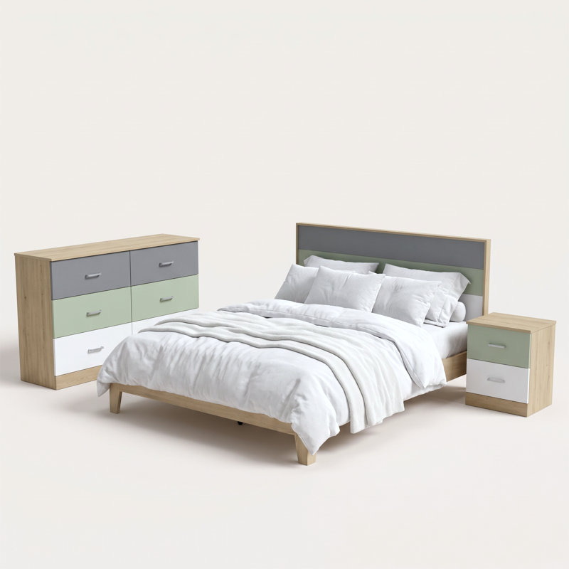 Allyannah 3 Piece Modern Coordinated Bedroom Set, Queen, Oslo Oak/Cool Gray/Sage Green/White