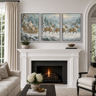 Christmas Holiday Celebration " Santa Claus Reindeer Winter Christmas Landscape Artwork, Living Room Pictures, Framed Canvas Giclee Print 3 Pieces Wall Art - 16"x24"x3pcs, 24"x36"x3pcs " Print