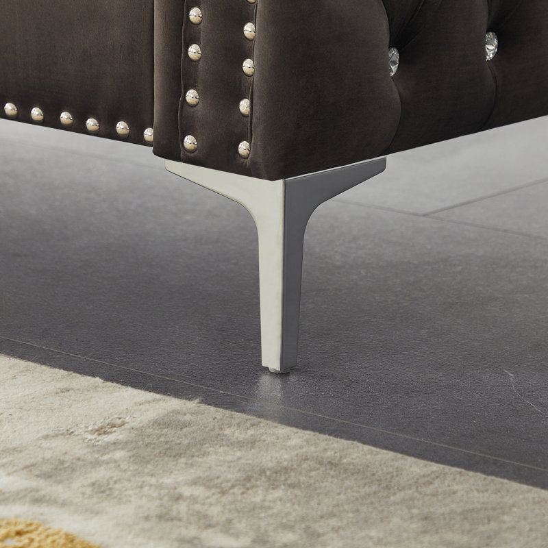 Canapé moderne en velours de 59,4 pouces de largeur avec boutons, accoudoirs carrés et 2 coussins Modern, Gris, 2