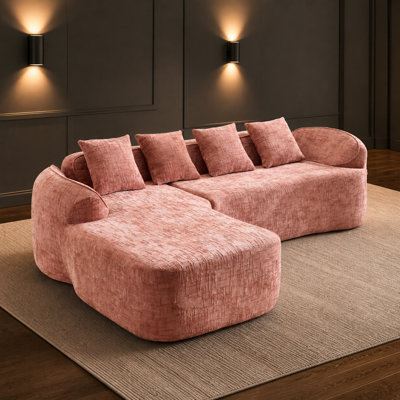 Comfortable L-Shaped Compressed Sofa with High-Elastic Sponge, Curved Armrests, Deep Seating, 4 Throw Pillows, Ideal for Living Room, Bedroom, and Fam