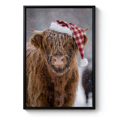 «Christmas Highland Cow», art mural encadré sur toile, cadre noir, 24 x 36 po