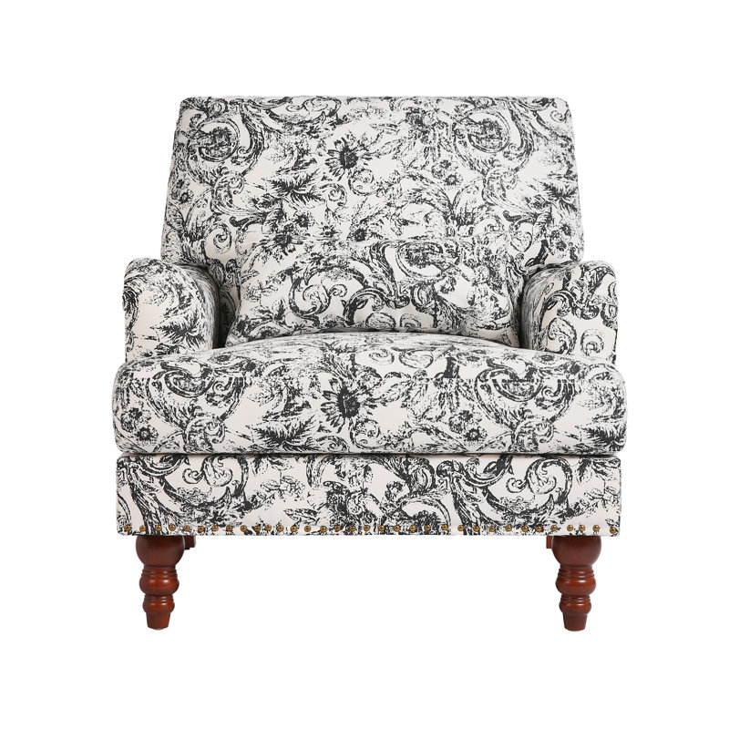 Upholstered Rococo Black Nailhead Trim Accent Chair with Throw Pillow and Solid Wood Legs, Rococo Black Chenille