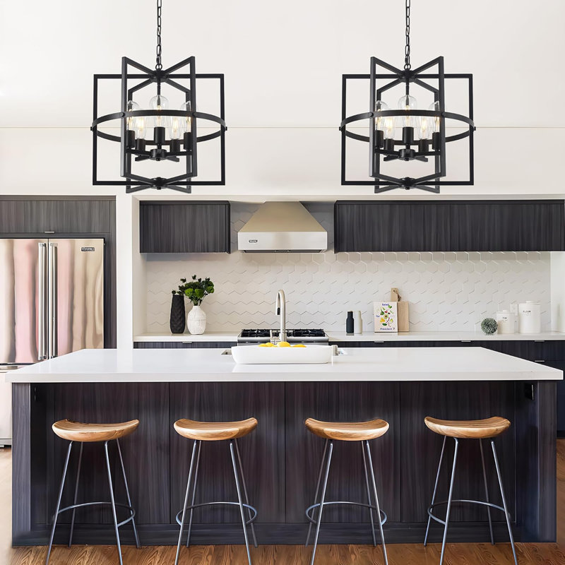 Lustre noir 19 po pour la salle à manger, lustre de ferme moderne à 5 lumières avec cage géométrique suspendue à tambour réglable pour îlot de cuisine