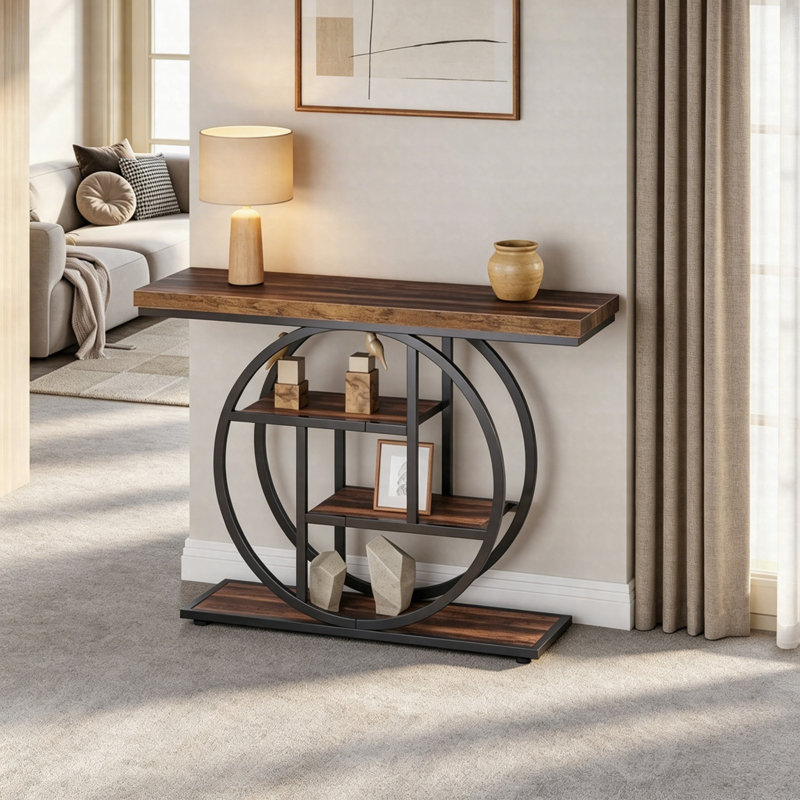 41.3" Industrial Console Table, 4-Tier Entryway Sofa Table With Circle Metal Base And Storage Shelves, Black, Rustic Brown