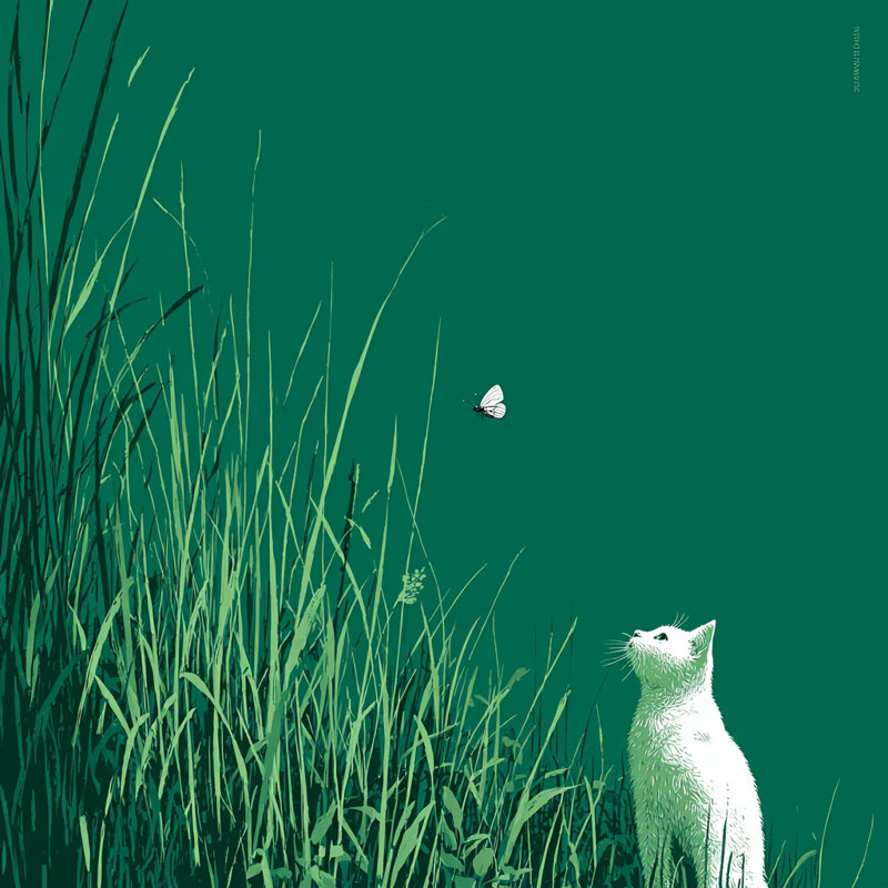 Chat et papillon dans un pré III, art mural sur toile tendue, H 30 po x l 30 po