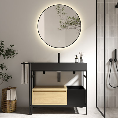 Meuble-lavabo de style industriel de 36 pouces avec tiroir à fermeture en douceur, bac de rangement ouvert, barre à serviettes réglable, quincaillerie, quartz de chêne noir, profondeur de 34,98 po, largeur de 18,29 po, hauteur de 33,06 po, poids de 107,16 lb